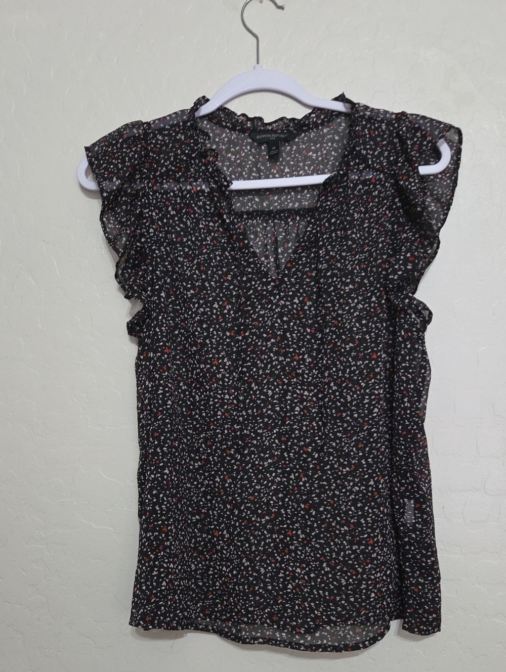Black Floral Ruffle Sleeve V-Neck Blouse